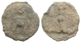Roman PB Tessera, c. 1st century BC - 1st century AD (16mm, 3.16g, 12h). Mars or soldier standing r., holding spear and shield. R/ Shaft. Rostowzew 19...