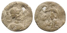 Roman PB Tessera, c. 1st century BC - 1st century AD (20mm, 4.16g, 12h). Helmeted and cuirassed bust of Mars r. R/ Spes standing l., holding [flower] ...