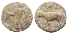 Roman PB Tessera, c. 1st century BC - 1st century AD (17mm, 4.81g, 12h). Mercury standing l., holding purse and caduceus. R/ Horse standing l.; MH abo...