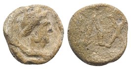 Roman PB Tessera, c. 1st century BC - 1st century AD (16mm, 3.79g, 12h). Bust of Mercury r., caduceus behind. R/ PAX. VF