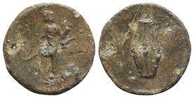 Roman PB Tessera, c. 1st century BC - 1st century AD (30mm, 12.11g). Minerva advancing r., holding palladium and spear. R/ Shield. Holed, Good VF