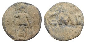 Roman PB Tessera, c. 1st century BC - 1st century AD (17mm, 2.88g, 1h). Minerva/Roma(?) standing facing, holding spear and leaning on shield. R/ CMR. ...