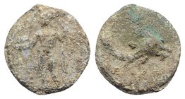 Roman PB Tessera, c. 1st century BC - 1st century AD (20mm, 4.84g, 12h). Neptune standing l., holding dolphin and trident. R/ Dolphin r. Rostowzew 292...
