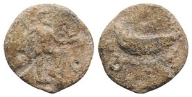 Roman PB Tessera, c. 1st century BC - 1st century AD (23mm, 6.91g, 12h). Neptune standing r., with foot on prow, holding dolphin and trident. R/ Galle...