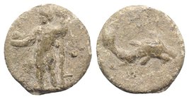 Roman PB Tessera, c. 1st century BC - 1st century AD (18mm, 4.66g, 12h). Neptune standing l., holding dolphin and trident. R/ Dolphin r. Rostowzew 292...