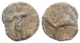 Roman PB Tessera, c. 1st century BC - 1st century AD (18mm, 4.38g, 12h). Neptune standing l., holding dolphin and trident. R/ Dolphin r. Rostowzew 292...