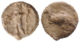Roman PB Tessera, c. 1st century BC - 1st century AD (15mm, 2.95g, 12h). Neptune standing l., holding dolphin and trident. R/ Dolphin r. Rostowzew 292...