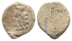 Roman PB Tessera, c. 2nd-3rd century AD (16mm, 2.69g, 12h). Head of Serapis l. R/ Sistrum. VF