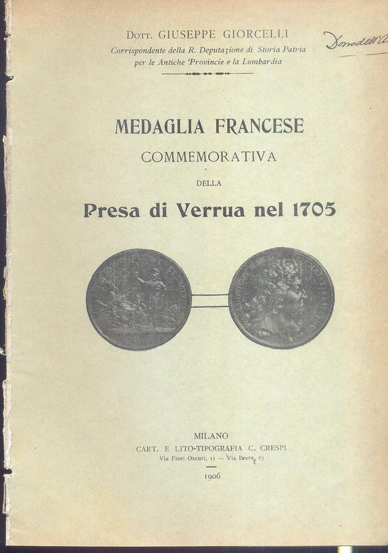 GIORCELLI G. - Medaglia francese commemorativa della presa di Verrua nel 1705. M...