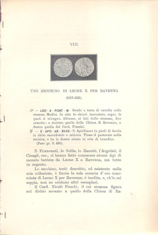 GNECCHI E. - Appunti di numismatica italiana N° VIII- IX. Uno zecchino di Leone ...