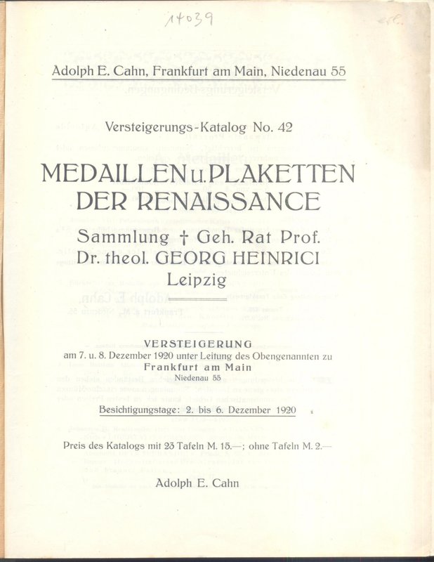 CAHN A. E. - Medaillen u Plaketten der renaissance. Sammlung Geh. Rat Prof. Geor...