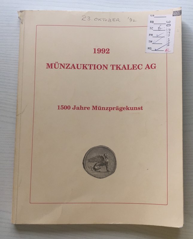 Tkalec Munzauktion 1992. Zurich 23 Oktober 1992. Brossura ed. lotti 557, ill. in...