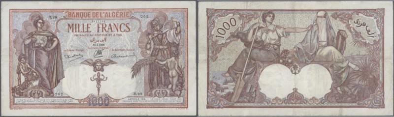 Algeria: 1000 Francs 1938, P.83, very nice condition for the large size of the n...