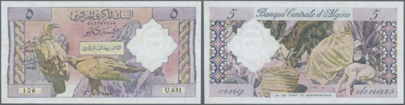 Algeria: 5 Dinars 1964 P. 122, pressed but without holes or tears, still crispne...