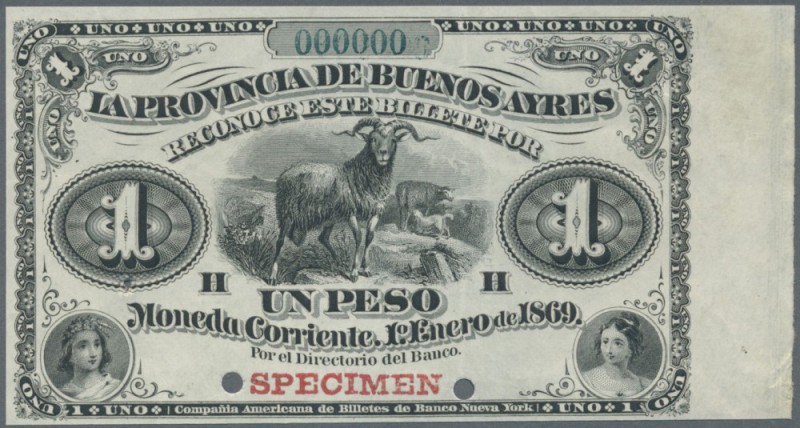 Argentina: 1 Peso 1869 Specimen P. S481s with red ”Specimen” overprint on front,...