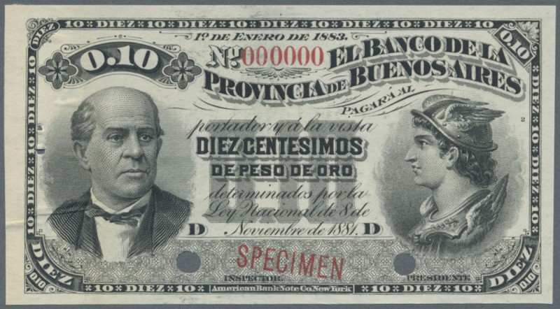 Argentina: 0,10 Centesimos 1883 Specimen P. S531s with red ”Specimen” overprint ...