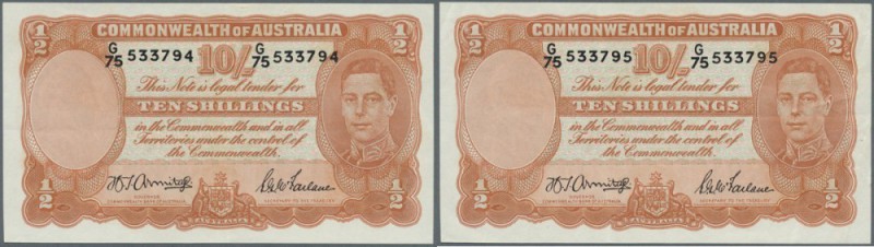 Australia: set of 2 CONSECUTIVE banknotes 10 Shillings 1942 KGIV, rarely seen as...