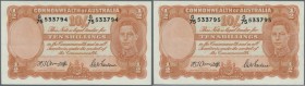 Australia: set of 2 CONSECUTIVE banknotes 10 Shillings 1942 KGIV, rarely seen as consecutive notes, signed Armitage-McFarlane plus Armitage as Governo...