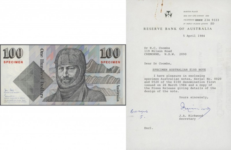 Australia: very rare set of 2 SPECIMEN Banknotes 100 Dollars 1984 P. 48s, Rennic...