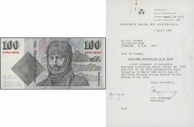 Australia: very rare set of 2 SPECIMEN Banknotes 100 Dollars 1984 P. 48s, Rennick SP28, both with zero serial numbers, red Specimen overprint. This un...