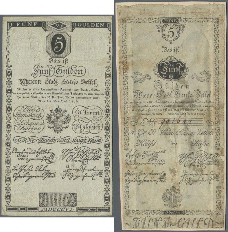 Austria: set of 2 different notes 5 Gulden, one from 1806 P. A38 in used conditi...