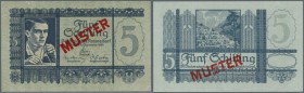 Austria: pair of the 5 Schilling 1945 with red overprint and perforation ”MUSTER” (Specimen), P.121s, both notes with minor creases in the paper, one ...