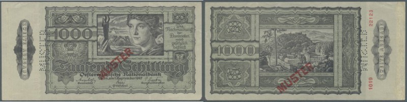 Austria: 1000 Schilling 1947 Specimen P. 125s. This banknote has no stong folds ...