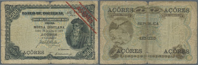 Azores: 2500 Reis 1909 P. 8b, stronger used with strong folds and a center tear,...