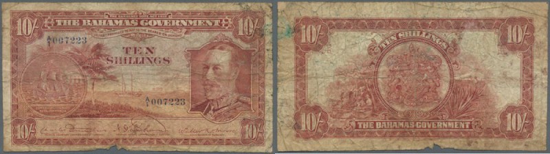 Bahamas: 10 Shillings ND(1930) P. 6, stronger used with a small missing part at ...