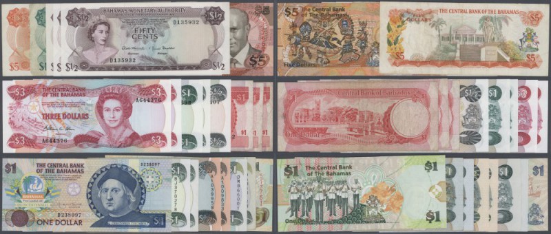 Bahamas: set of 22 banknotes containing 3x 50 Cents L.1968 P. 26 (2x aUNC, 1x XF...