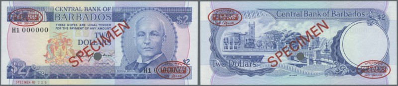 Barbados: 2 Dollars ND (1980) Specimen P. 30s with red ”Specimen” overprint in c...