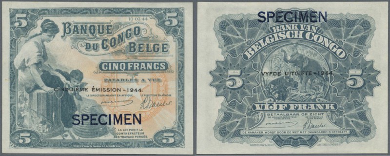 Belgian Congo: 5 Francs 1944 SPECIMEN w/o serial number, P.13Acs, tiny dint at u...