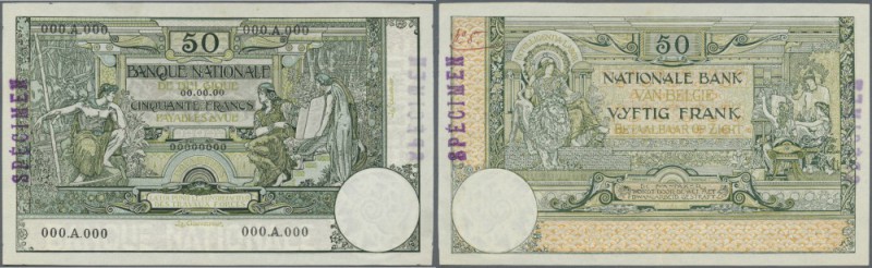 Belgium: 50 Francs ND SPECIMEN P. 68s, rare note with zero serial numbers, speci...