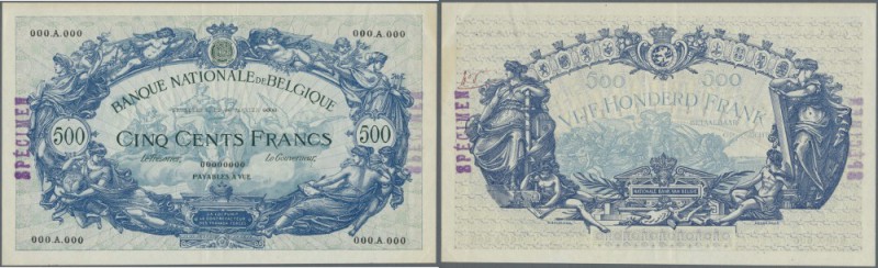 Belgium: 500 Francs ND(1910-1925) SPECIMEN P. 72s, very rare banknote, early iss...
