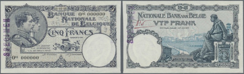 Belgium: 5 Francs (specimen date) 23.01.23 SPECIMEN P. 93s, rare note with zero ...