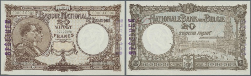 Belgium: 20 Francs ND SPECIMEN P. 94s, rare note with zero serial numbers, stamp...