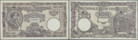 Belgium: 100 Francs ND SPECIMEN P. 95s, rare banknote, zero serial numbers, specimen stamped on front and back, no holes or tears, very light center f...