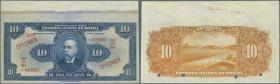 Brazil: uncut 10 Mil Reis ND(1918), Estampa 14A SPECIMEN, P.36s in very nice and colorfresh condition, just a few folds at left and right border. Cond...