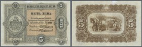 Bulgaria: 5 Leva ND(1899) P. A6, used with center fold, small repair at upper left, probably pressed but still crisp paper and original colors, no hol...