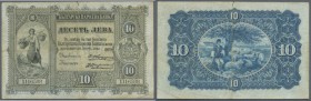 Bulgaria: 10 Silver Leva ND(1899), P.A7c in used condition with several stains and folds, small tear at upper margin. Condition: F