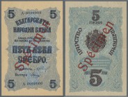 Bulgaria: 5 Leva ND(1916) SPECIMEN P. 16s, rare note with red Specimen overprint on front and back side, zero serial numbers, light center bend but ne...