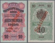 Bulgaria: 10 Leva ND(1916) SPECIMEN P. 17s, very rare note with red Specimen overprint on front and back, zero serial numbers in condition: UNC.