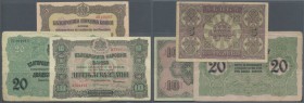 Bulgaria: set of 3 different banknotes containing 5 Leva ND(1917) P. 21 (VF), 10 Leva ND(1917) P. 22 (VF-) and 20 Leva ND(1916) P. 18 (F), nice set. (...