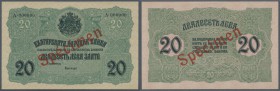 Bulgaria: 20 Leva Zlato ND(1916) SPECIMEN P. 18s, rare note with red Specimen overprint on front and back, zero serial numbers, light dint at right, n...