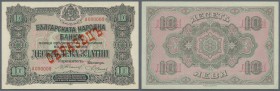 Bulgaria: 10 Leva ND(1917) Specimen P. 22s, rare banknote with specimen overprint on front, zero serial numbers, only light dints at right and one lig...