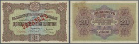 Bulgaria: 20 Leva Zlatni ND(1917) SPECIMEN P. 23s, rarely seen on the market, with zero serial numbers and red specimen overprint on front, the note h...