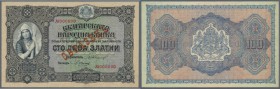 Bulgaria: 100 Leva Zlatni ND(1917) SPECIMEN P. 25s, rare note with red specimen overprint on front, zero serial numbers, 3 light vertical folds and ha...