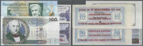 Great Britain: set of 2 Test Notes from Thomas De La Rue together with 2 travellers cheques Specimens from American Express. The 2 test notes are inta...