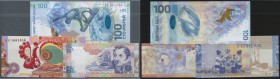 Russia: set of 2 Test Notes and 1 Banknote containing 100 Rubles 2014 P. 274 in UNC, Test Note ”Living Culture” with beautiful design printed on real ...
