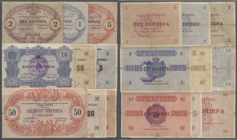 Montenegro: set with 9 Banknotes 1 - 50 Perpera 1914/1916, some with stamps ”POD...
